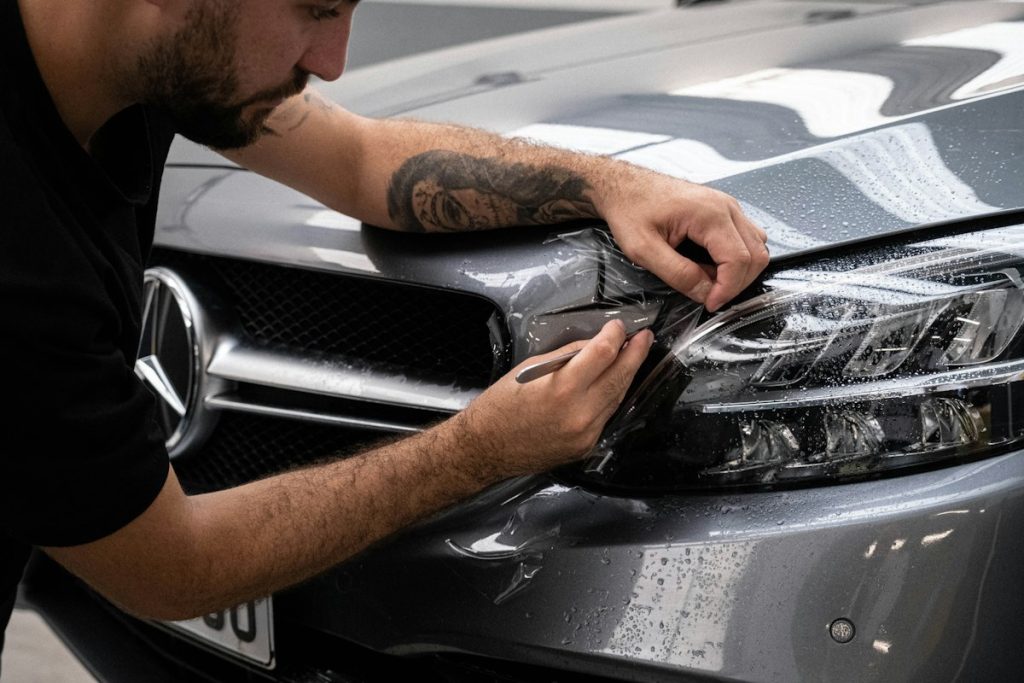 Installer wrapping clear paint protection film around a headlight