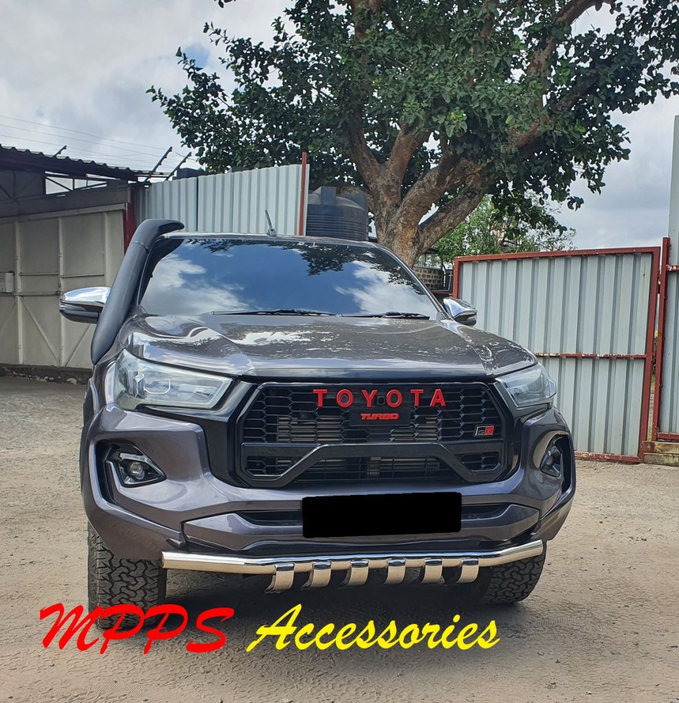 Grey Toyota Hilux GR with a black grille and a stainless nudge bar fitted by MPPS