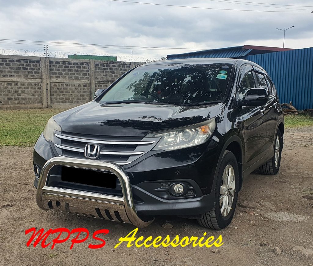 Black Honda CR-V with a stainless bull bar and skid plate fitted by MPPS